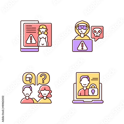 Cyber harassment RGB color icons set. Revenge porn. Cyberstalking on social media. Talk to someone. Victime seek support. Private account. Psychological help. Isolated vector illustrations