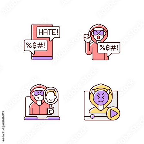 Online bullying RGB color icons set. Messenger cyberbullying. Hate speech. Video shaming. Online impersonation. Offensive comments. Cyberspace harassment. Isolated vector illustrations