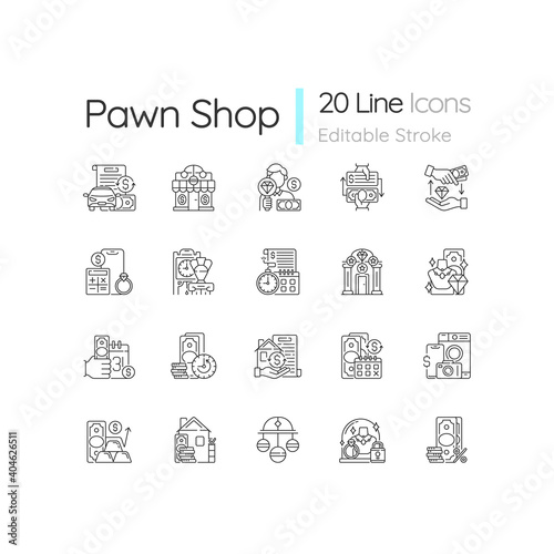 Pawn shop linear icons set. Vehicle title loan. Paid check cashing. High-quality item. Price calculation. Customizable thin line contour symbols. Isolated vector outline illustrations. Editable stroke