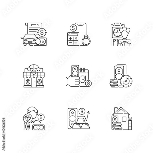 Pawnshop linear icons set. Vehicle title loan. Price calculation. Antiques. Short-term borrowing. Customizable thin line contour symbols. Isolated vector outline illustrations. Editable stroke