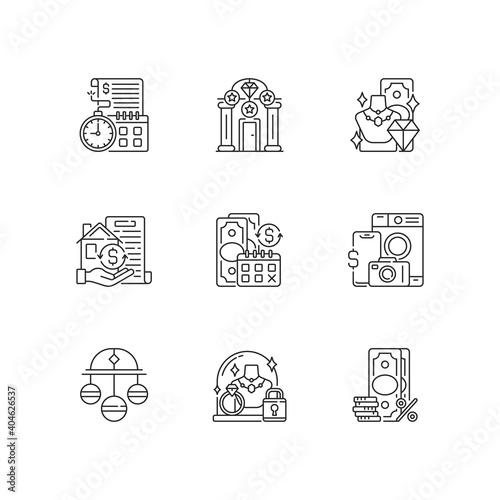 Pawnbrokery linear icons set. Time limit. Upscale pawnshops. Product valuable. Collateral. Pledge safety. Customizable thin line contour symbols. Isolated vector outline illustrations. Editable stroke