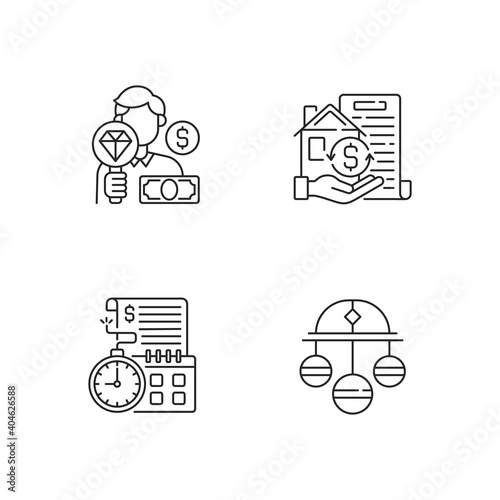 Popshop linear icons set. Paid check cashing. Money loan. Upscale pawnshops. Product valuable. Customizable thin line contour symbols. Isolated vector outline illustrations. Editable stroke