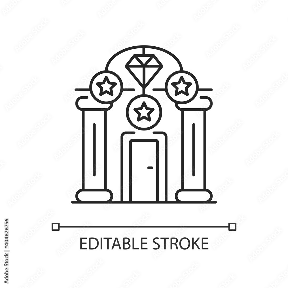 Upscale pawnshops linear icon. Loan offices. High-end collateral lender. Prestige pawnbrokers. Thin line customizable illustration. Contour symbol. Vector isolated outline drawing. Editable stroke Upscale pawnshops linear icon. Loan offices. High-end collateral lender. Prestige pawnbrokers. Thin line customizable illustration. Contour symbol. Vector isolated outline drawing. Editable stroke