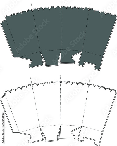 Popcorn Box Template Vector with die cut / laser cut layers. Self Lock Packaging Design. White, clear, blank, isolated Popcorn Box mock up on white background with perspective view