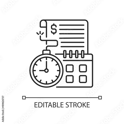 Time limit linear icon. Repaying by stated date. Loans with term lengths. Monthly payments. Thin line customizable illustration. Contour symbol. Vector isolated outline drawing. Editable stroke