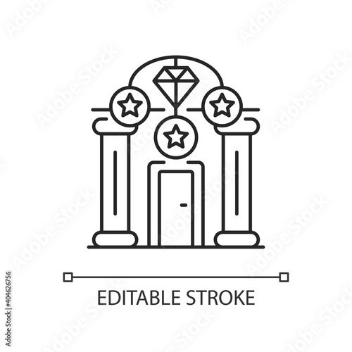 Upscale pawnshops linear icon. Loan offices. High-end collateral lender. Prestige pawnbrokers. Thin line customizable illustration. Contour symbol. Vector isolated outline drawing. Editable stroke