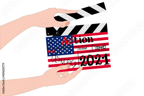 Vector illustration of hands holding clapboard with Usa flag a metaphor about democratic conflicts with the starting year 2021