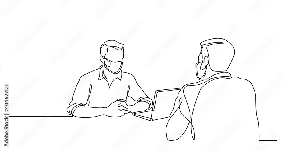 business colleagues wearing face masks meeting - one line drawing