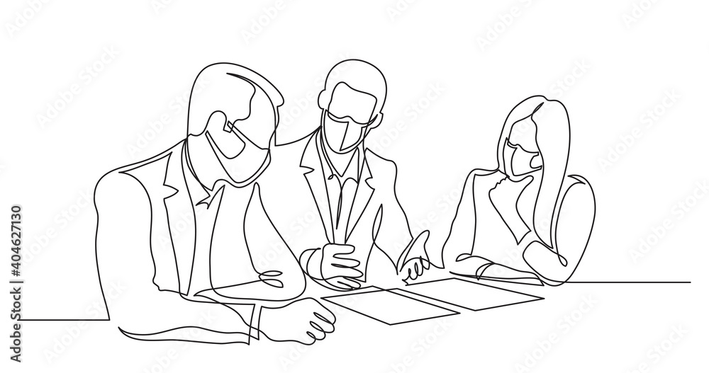 business partners wearing face masks discussing details of work contract - one line drawing