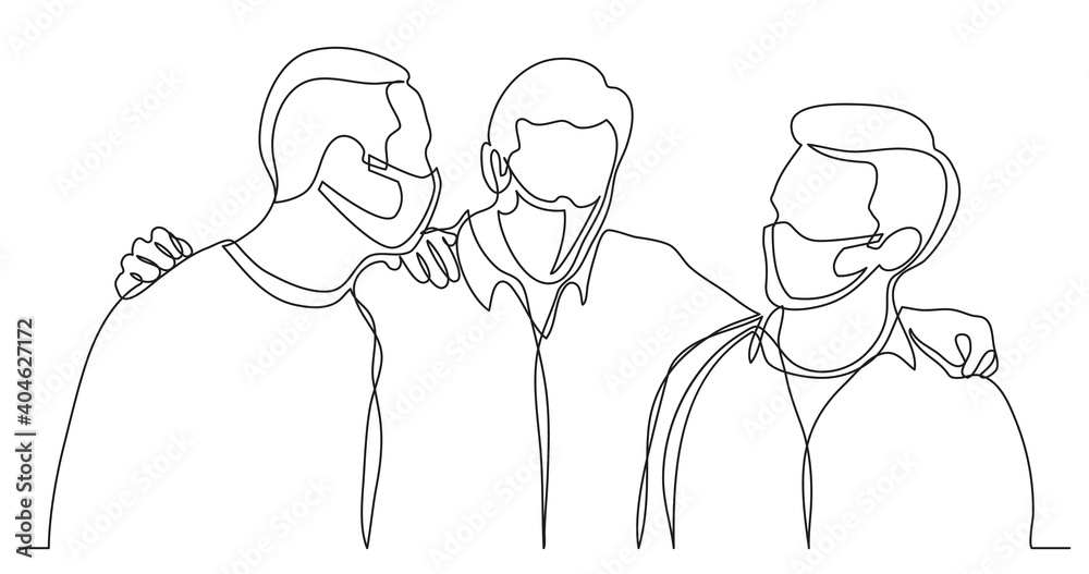 company of men friends wearing face masks hugging and talking - one line drawing