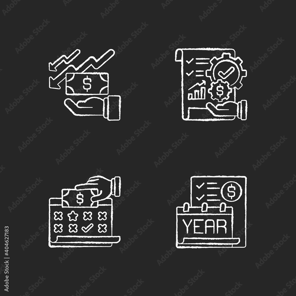 Accounting chalk white icons set on black background. Turnkey finance functions of company. Financial methods of controlling business budget. Isolated vector chalkboard illustrations