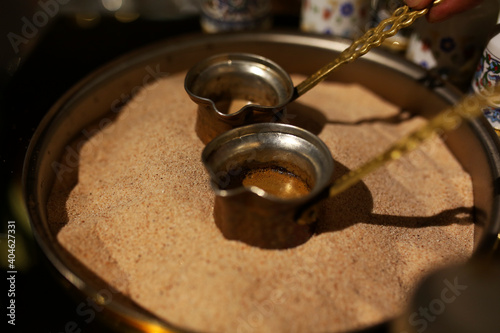 Turkish coffee is cooked in the sand. traditional turkish coffee in istanbul