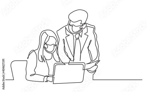 continuous line drawing of boss and employee wearing face masks discussing work task
