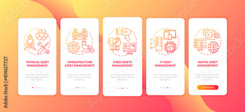 Investment management types onboarding mobile app page screen with concepts. Fixed assets, digital stocks walkthrough 5 steps graphic instructions. UI vector template with RGB color illustrations