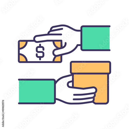 Stock sale RGB color icon. Income generating assets. Transaction form. Exchange money for goods and services. Tangible and intangible assets. Accounting purposes. Isolated vector illustration