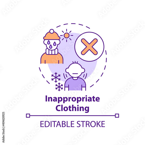 Inappropriate clothing concept icon. Sign of parental neglect. Damage to kids health, wellbeing. Child safety idea thin line illustration. Vector isolated outline RGB color drawing. Editable stroke