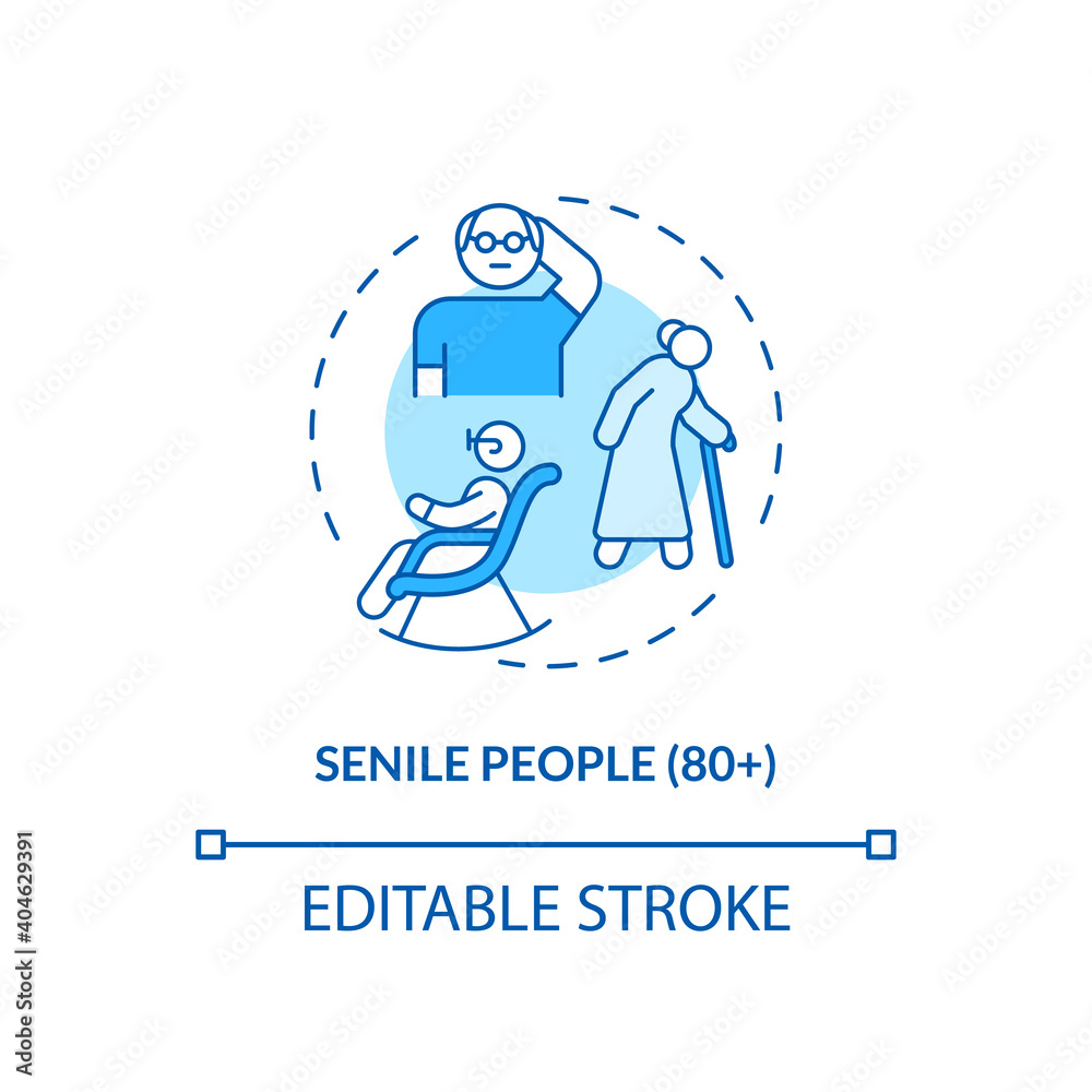 Senile people concept icon. Covid vaccination priority list. Medical help for eldery people. Clinic staff idea thin line illustration. Vector isolated outline RGB color drawing. Editable stroke