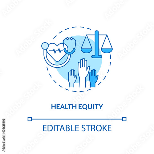 Health equity concept icon. Health programs principles. Getting proper medical service from proffesional. Clinic idea thin line illustration. Vector isolated outline RGB color drawing. Editable stroke