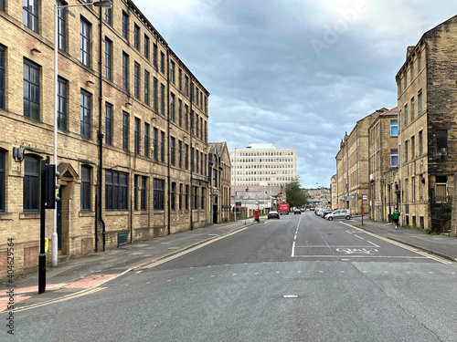 Looking down, Grattan Road, lined with Victorian buildings in, Bradford, Yorkshire, UK photo