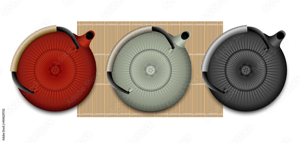 Illustration 3D de d’une théière japonaise vue de dessus, de 3 couleurs différentes, rouge, vert, noir. - obrazy, fototapety, plakaty 