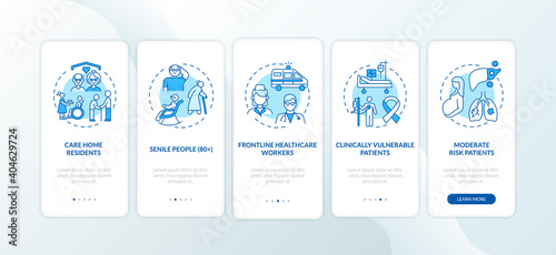Covid vaccination priority list onboarding mobile app page screen with concepts. Senile people walkthrough 5 steps graphic instructions. UI vector template with RGB color illustrations