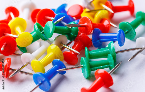 pile of a push pin isolated on white background.Push pins isolated on white background. colourful push-pin thumbtack tools office on white background