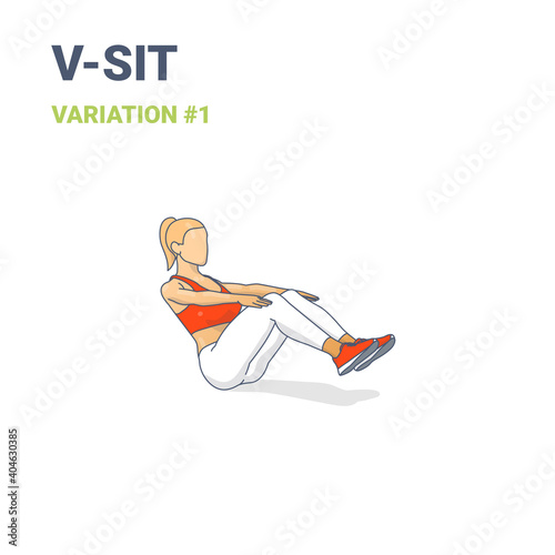 V-Sit Female Home Workout Exercise Guide Illustration Colorful Concept or Boat Yoga Pose