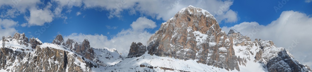 Beautiful winter landscape in the Cortina d'Ampezzo Dolomites. Tofana di Rozes mountain group. Veneto, Italy.