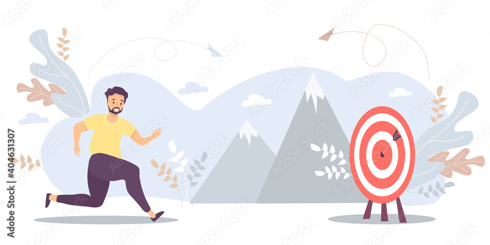 Man runs to his goal, moves on motivation to the target, the path to the pinnacle of success. Vector for task, goal, achievement, business, marketing concept. Concept of the path to achieving the goal Man runs to his goal, moves on motivation to the target, the path to the pinnacle of success. Vector for task, goal, achievement, business, marketing concept. Concept of the path to achieving the goal