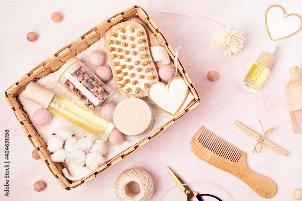 Preparing self care package, seasonal gift box with plastic free zero waste cosmetics products Preparing self care package, seasonal gift box with plastic free zero waste cosmetics products