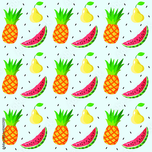 pattern of exotic fruits pineapple pear watermelon and seeds