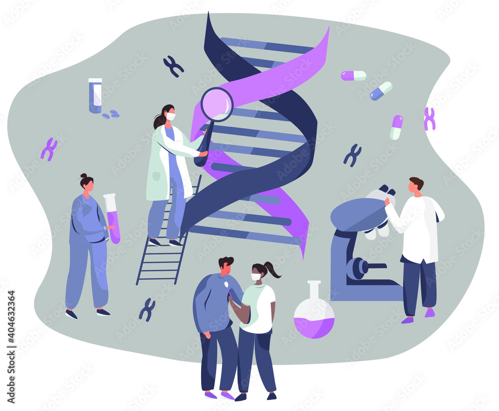 Genetic Engineering.DNA Test.Doctor holding Magnifier Glass and Analyzing DNA Structure Molecule in Lab.Studying Genes.Gene Modification and Genetic Scientists Editing.Flat Vector Illustration Genetic Engineering.DNA Test.Doctor holding Magnifier Glass and Analyzing DNA Structure Molecule in Lab.Studying Genes.Gene Modification and Genetic Scientists Editing.Flat Vector Illustration