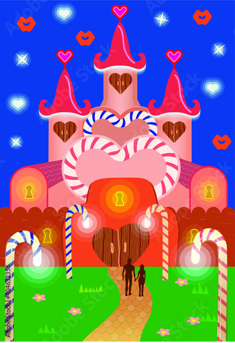 Beautiful candy palace. A Couple walking to the castle. Valentine's day card design.