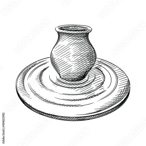 Hand drawn sketch of potter's wheel and a jug on a white background. Tools for pottery and ceramics. Pottery dishware. Jug on a pottery wheel