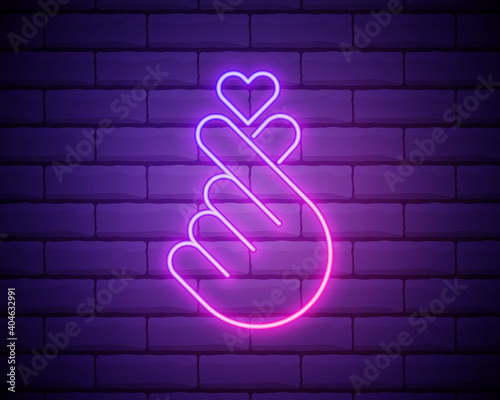 K-POP neon sign. Sign of Finger Heart with colorful neon lights isolated on brick wall. Vector illustration.