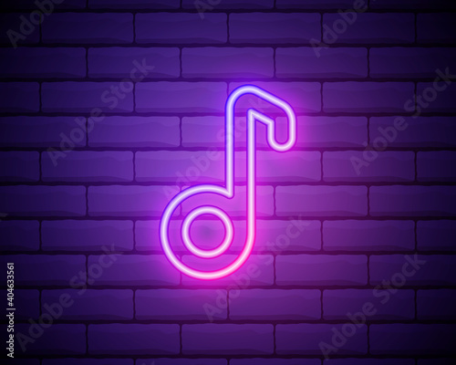 Music note neon sign. Party, disco and advertisement design. Night bright neon sign, colorful billboard, light banner. Vector illustration in neon style.