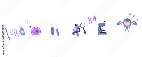 Embryo Fetus in
Laboratory.In Vitro Fertilization.Dna Engineering.Genetic Disease and DNA Molecule.Scientist working by Human Genome Project and does DNA Test.Flat Vector Illustration