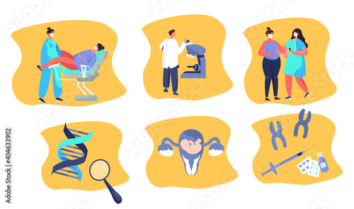 Family Expecting Baby, Pregnancy and DNA Test.Embryo Fetus in
Laboratory.In Vitro Fertilization.Dna Engineering.Genetic Disease.Flat Vector Illustration