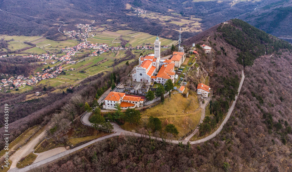 Fototapeta premium Aerial view of sanctuary of Sveta Gora - Monte Santo near Solkan by Nova Gorica, Slovenia