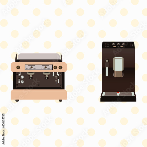 Vector set of professional coffee machines. Modern design of advanced barista aids. Front view.