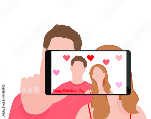 Valentine's couple making selfies. Online celebrating. Social networks concept. Vector illustration