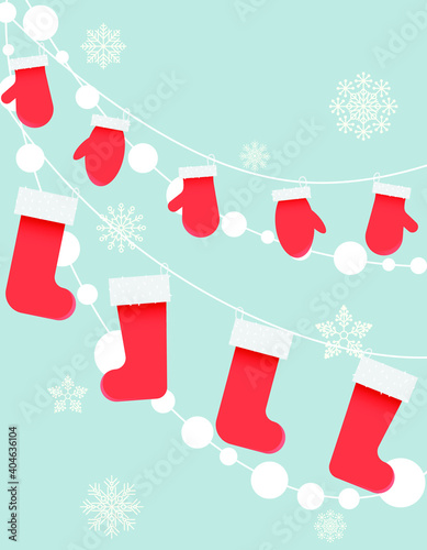 Illustration of warm socks and mittens on a rope. Winter warm decor on the background of garlands of snow and snowflakes.