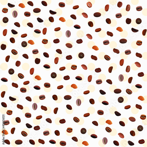 Vector background illustration of a variety of aromatic coffee beans. Coffee beans on a light background with polka dots, for textures, banners, patterns, brochures.