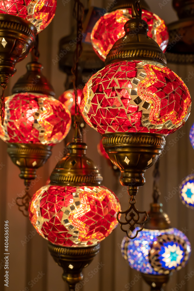Turkish mosaic lambs. glass  mosaic lamp in grand bazaar. Hand made mosaic. red vintage lambs.