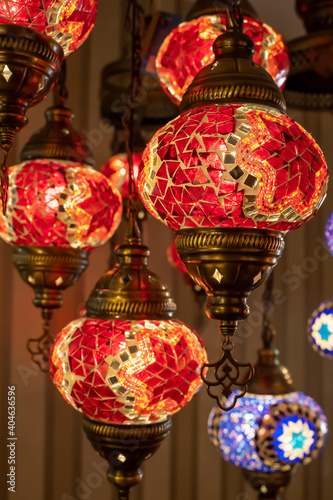 Turkish mosaic lambs. glass  mosaic lamp in grand bazaar. Hand made mosaic. red vintage lambs. © mkaankaymaz