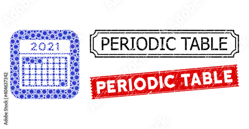 Vector collage 2021 month calendar and grunge Periodic Table seal stamps. Mosaic 2021 month calendar constructed as hole from rounded square with blue bacterium icons.