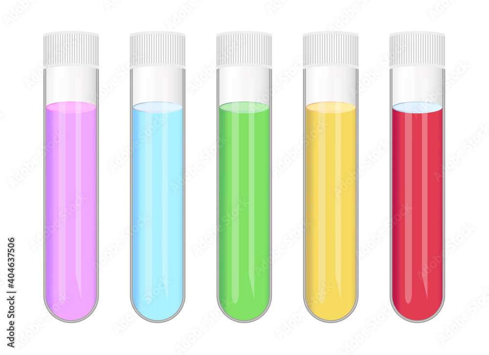 Vector set of chemical test tubes with liquid fluids – water, acid, solvent, or chemicals. Full laboratory glassware with Purple, blue, green, yellow, and red colors of substance solution isolated. Vector set of chemical test tubes with liquid fluids – water, acid, solvent, or chemicals. Full laboratory glassware with Purple, blue, green, yellow, and red colors of substance solution isolated.