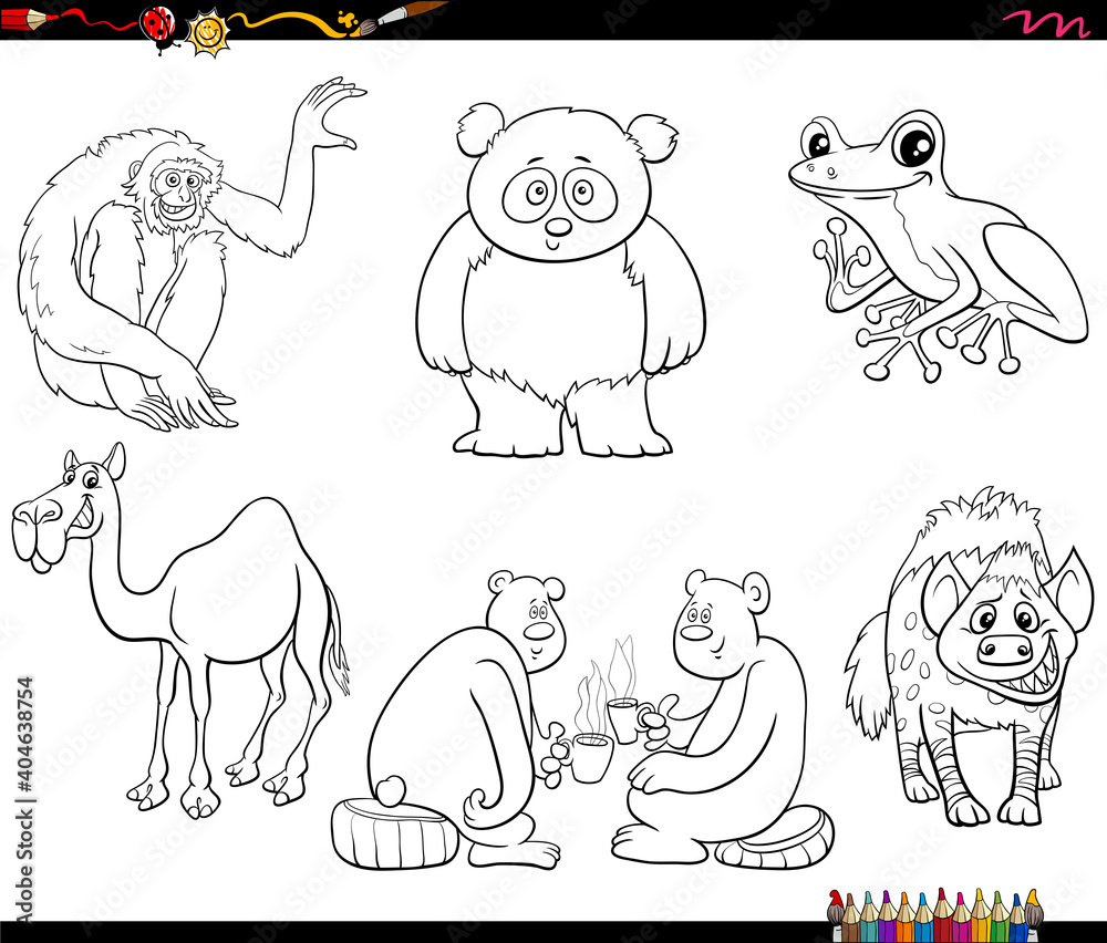 Naklejka premium cartoon animal characters set coloring book page