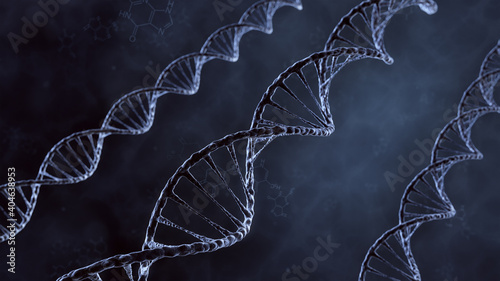 DNA double helix illustration. Human DNA spiral formed from nucleotide molecules. Perfect to use as a background for science, biotechnology or genetics. Blue version. 3D rendering