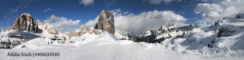 Panorama with Tofane, Cinque Torri and Croda da Lago (Lastoni di Formin) mountain group in the Italian Dolomites, Cortina d'Ampezzo, Italy.
